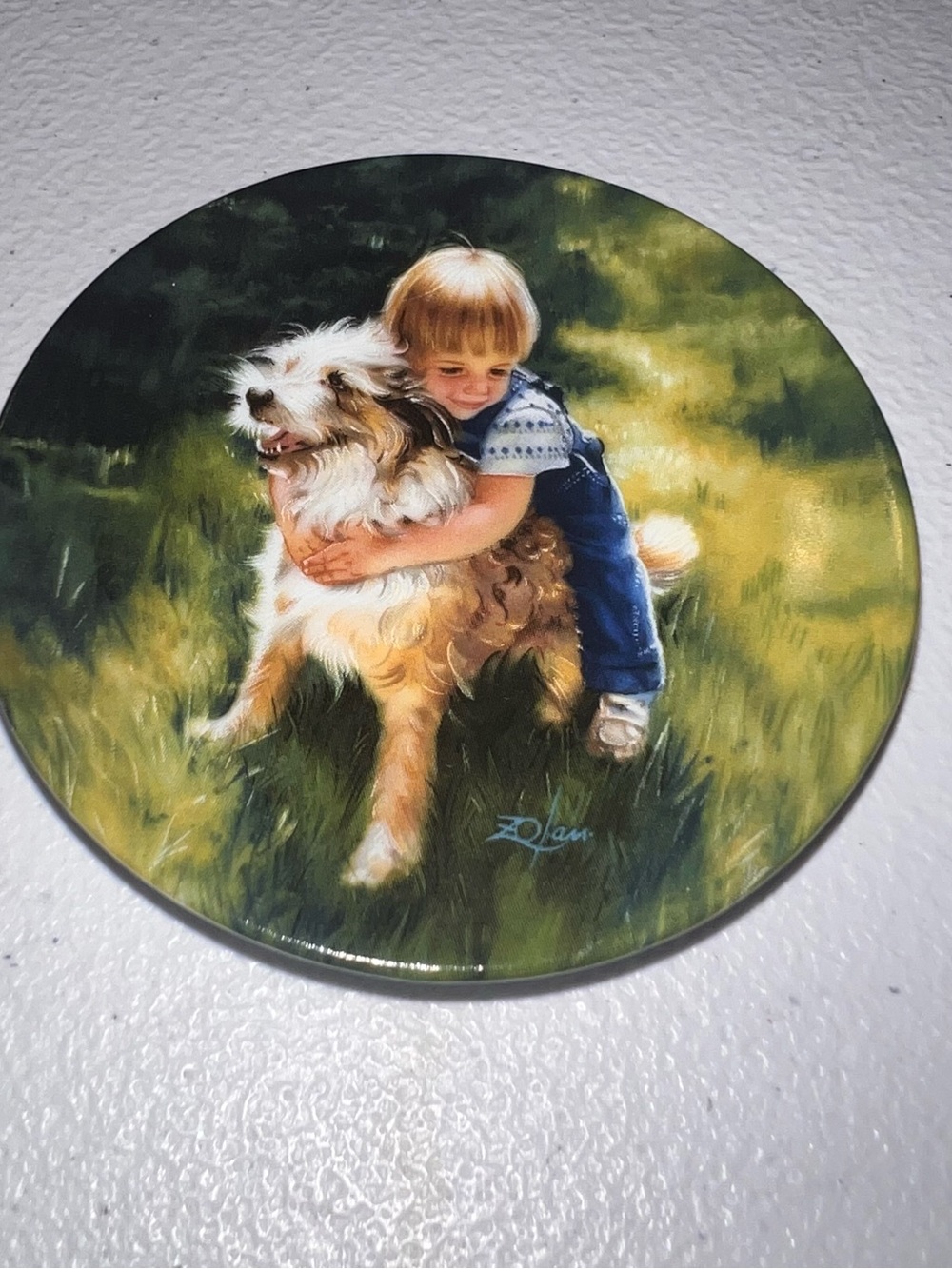 Decorative Dog and Child Art Plate - Green and Brown